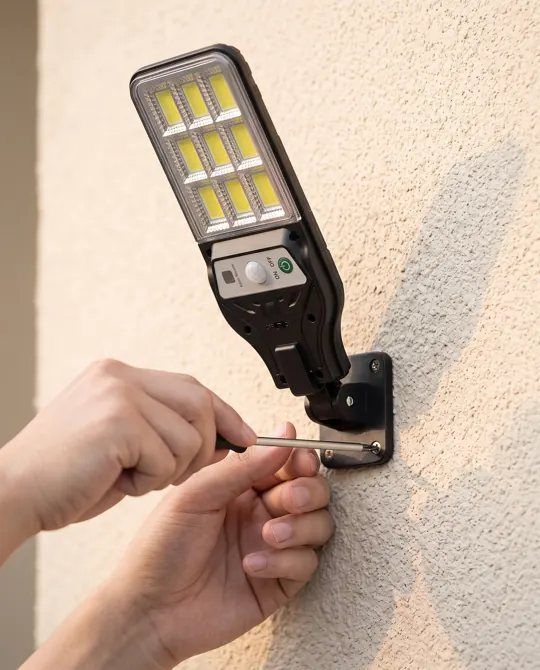 Manos atornillando la lámpara solar a una pared