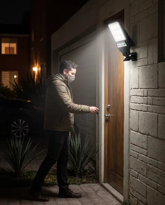 Un hombre llega a su puerta de noche y la lámpara se enciende
