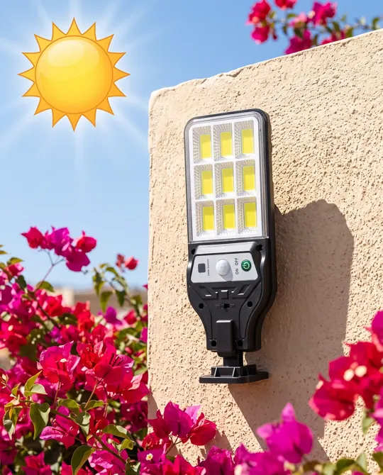 Lámpara solar en una pared a pleno sol